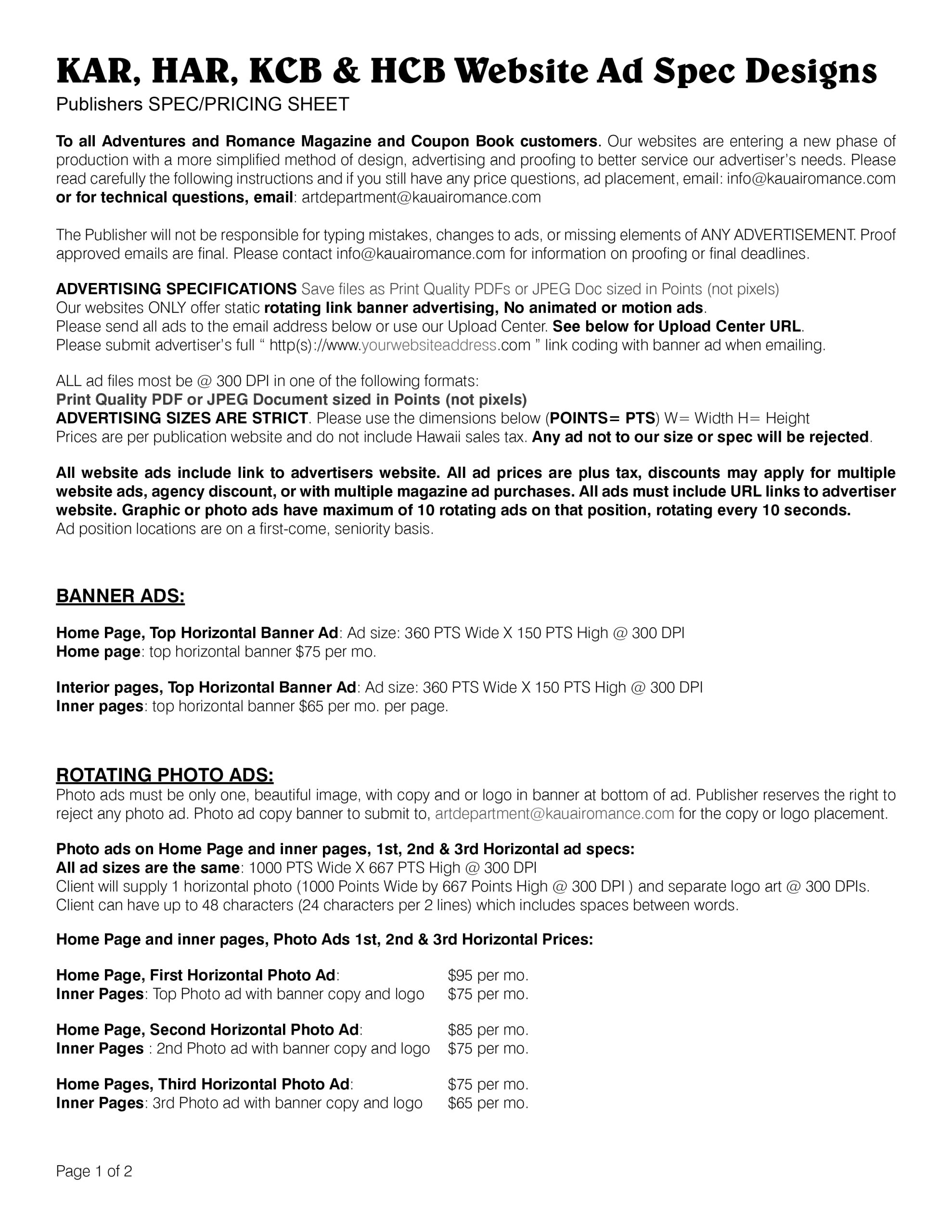 KAR Ad Spec Sheets